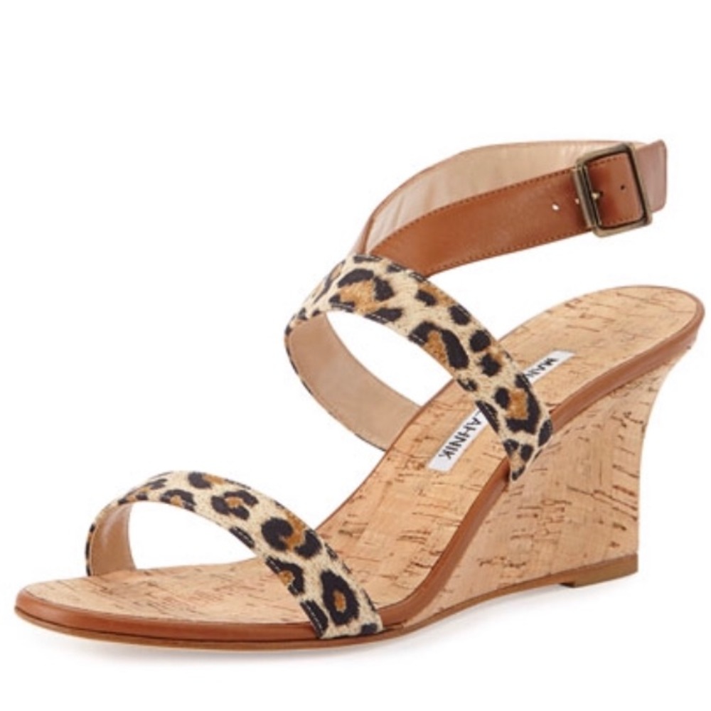Manolo Blahnik crisscross leopard cork wedge